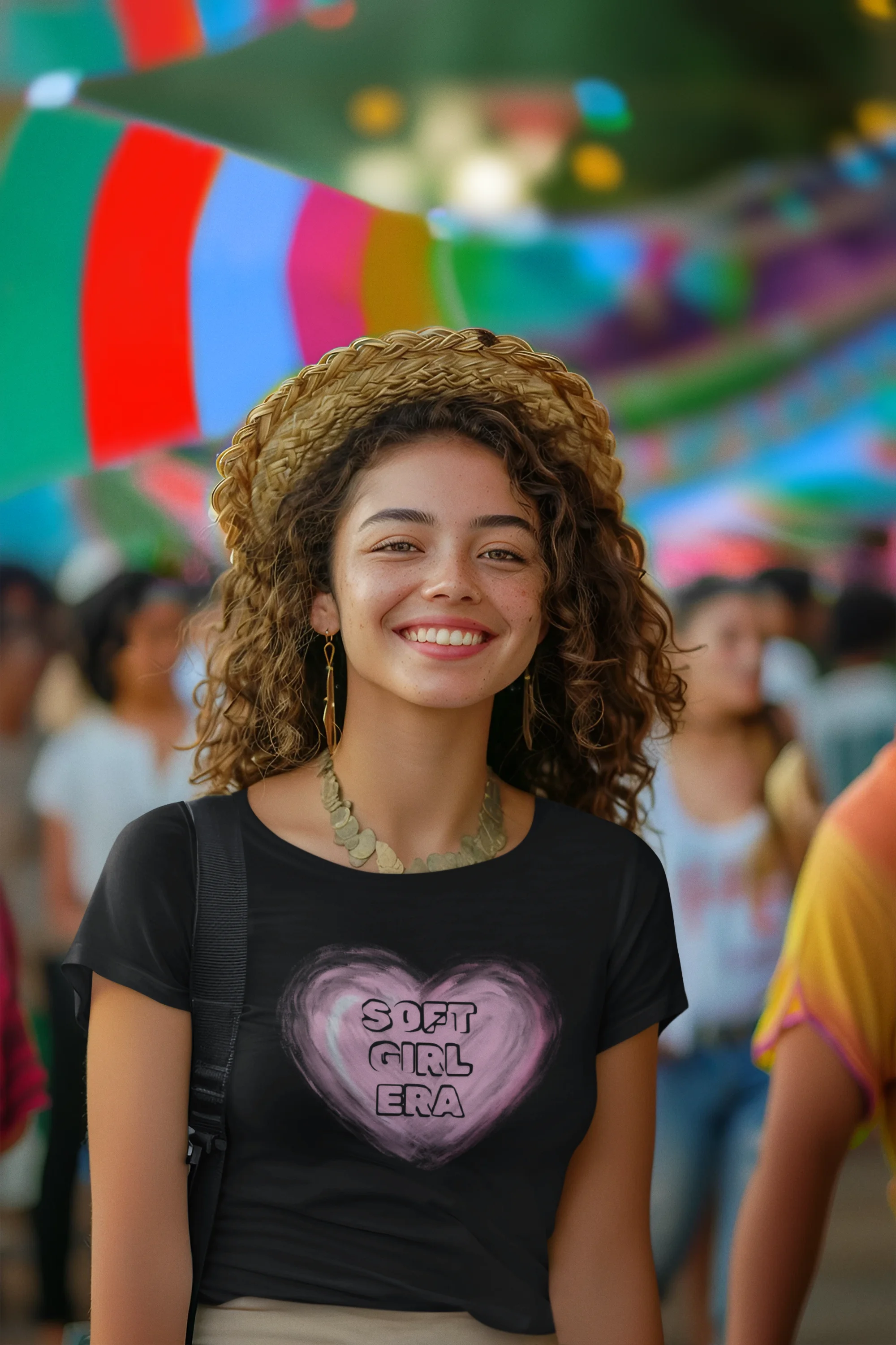 Second front view of a female model wearing a black crop top with a heart-shaped "soft girl era" design, embodying the soft girl aesthetic.