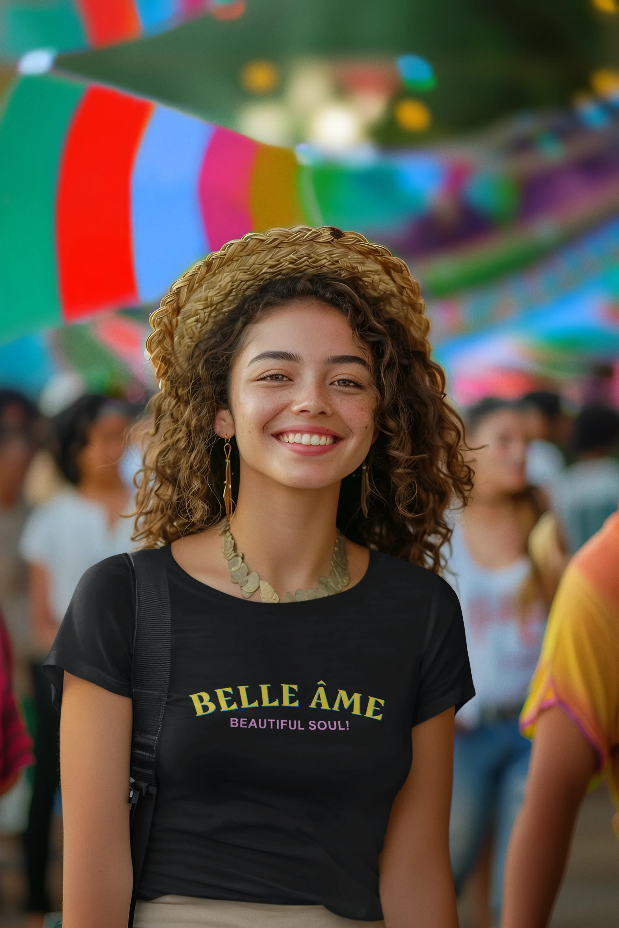 Second front view of female model wearing a black crop top with a "beautiful soul" design, embodying the Belle Ame spirit.