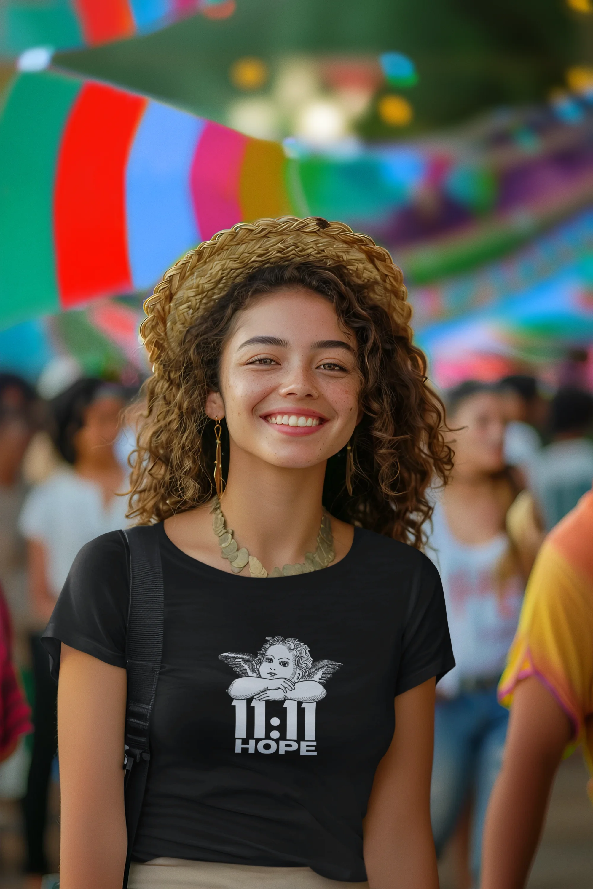 Second front view of a female model wearing a black crop top with a baby angel design and "11:11 Hope" text, radiating positivity and hope.