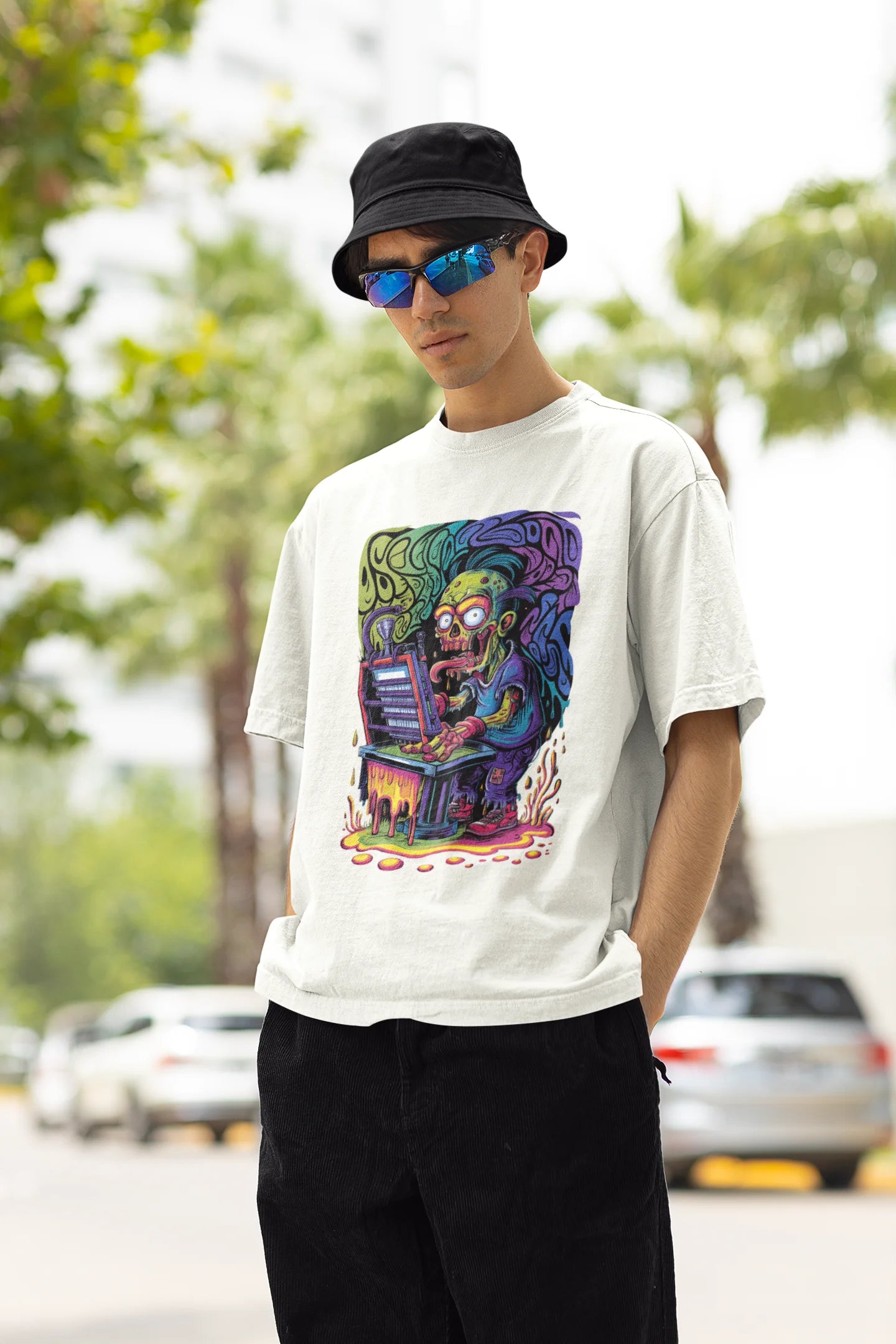 Left side view of a male model wearing an off-white oversized t-shirt featuring a psychedelic melting green zombie design, perfect for a trippy, dark aesthetic.