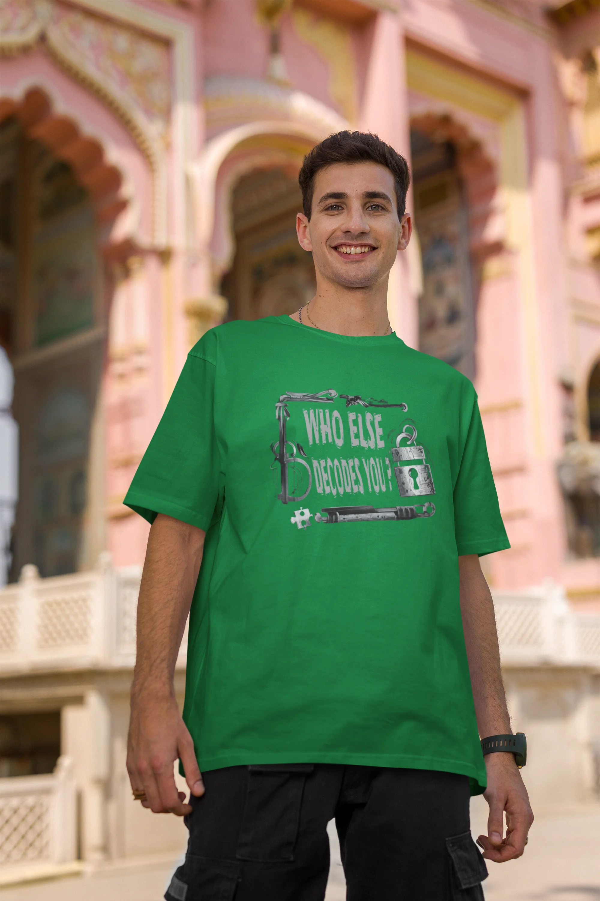 Second image of man wearing green coloured Oversized Taylor Swift T-Shirt featuring TTPD inspired design.