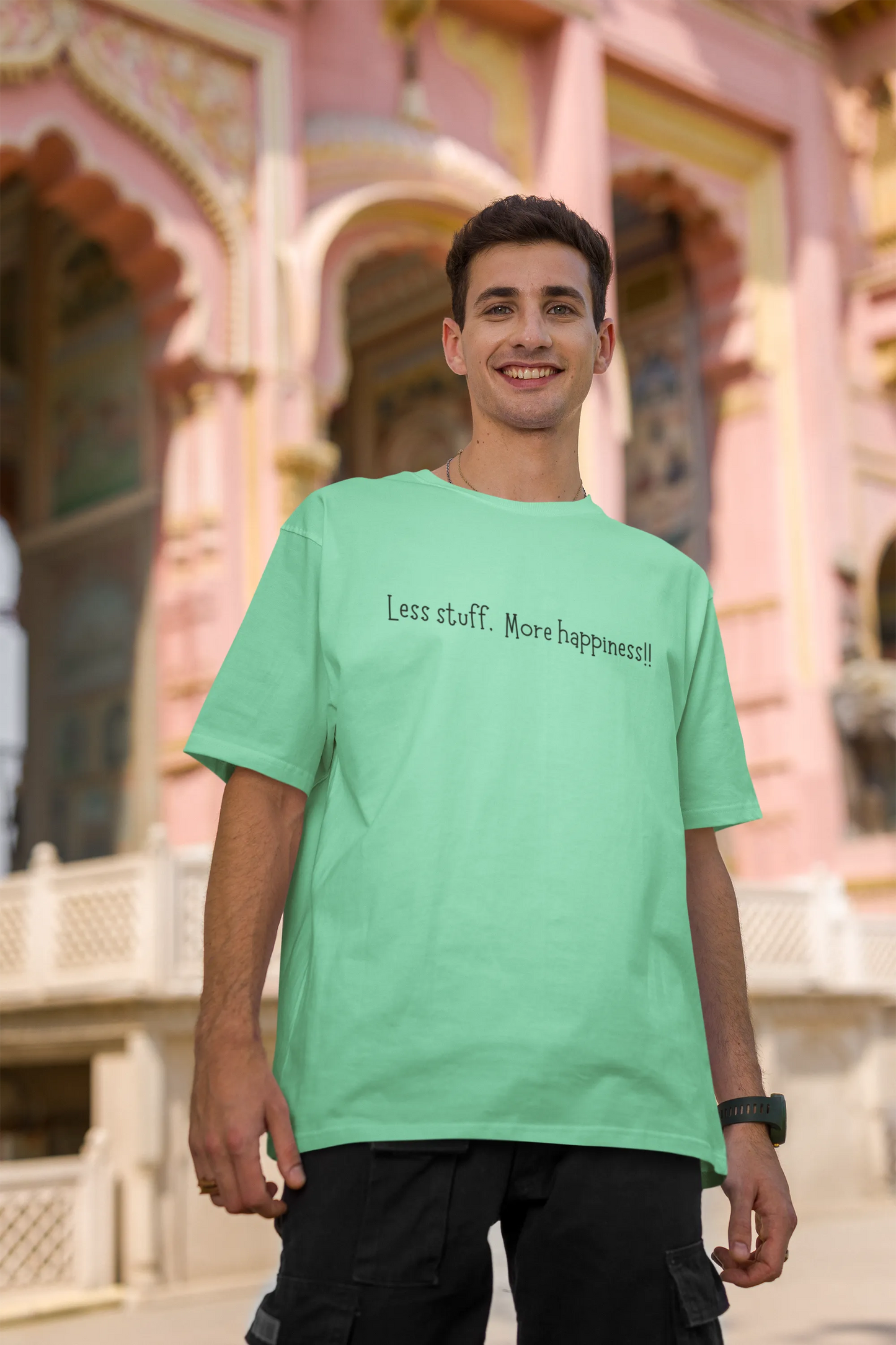 Less stuff more happiness | Minimalist | Dropped Sleeve Unisex Tee