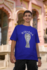 Second front image of male model wearing a\ royal blue oversized t-shirt featuring a design of a winged angel with the text 