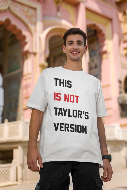 Second image of man wearing Taylor Swift Red-themed oversized tee, showcasing iconic eras tour merch and Taylor's Version nod