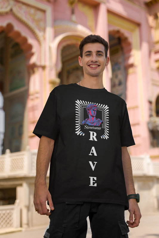 Second front view of a male model wearing a black oversized t-shirt with a street-inspired design and "Street Rave" text, ideal for rave and urban wear.