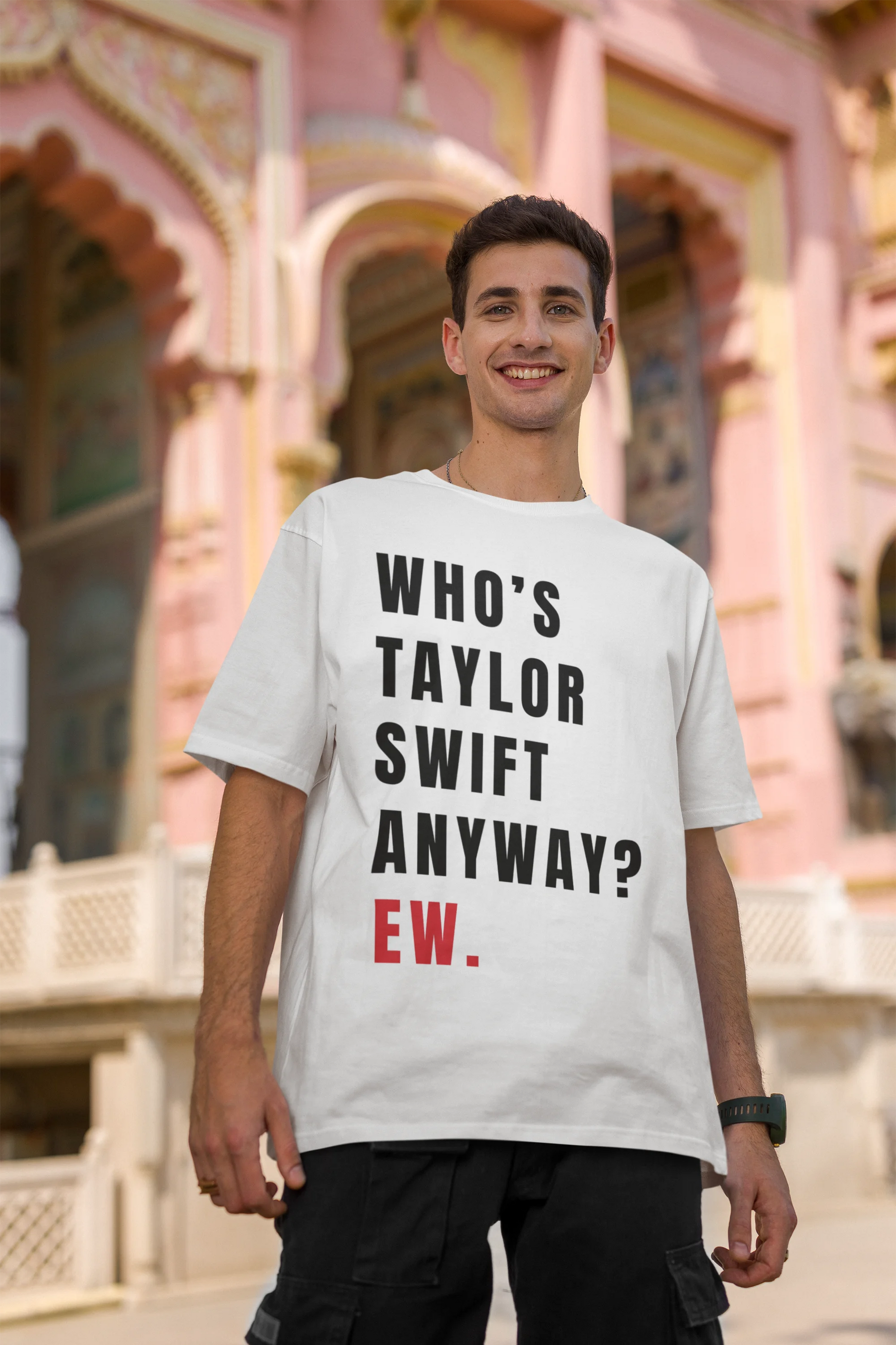 Second image of Woman wearing Taylor Swift Red-themed oversized tee, showcasing iconic eras tour merch and Taylor's Version nod
