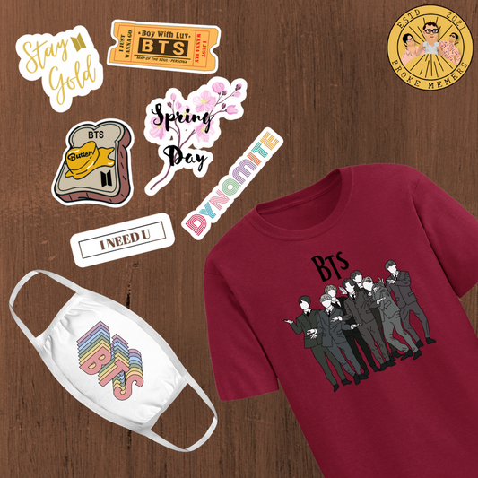 BTS Combo Set including BTS Squad T-shirt, Mask & BTS Character sticker