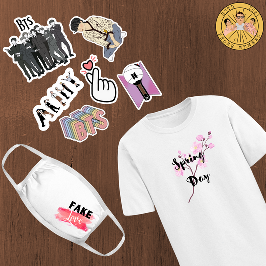 BTS Combo Set including Spring day T-shirt, Mask & BTS Character sticker