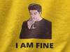 Front view of a yellow casual t-shirt with F.R.I.E.N.D.S series inspired designs, embodying Ross's famous catchphrase 'I Am Fine'