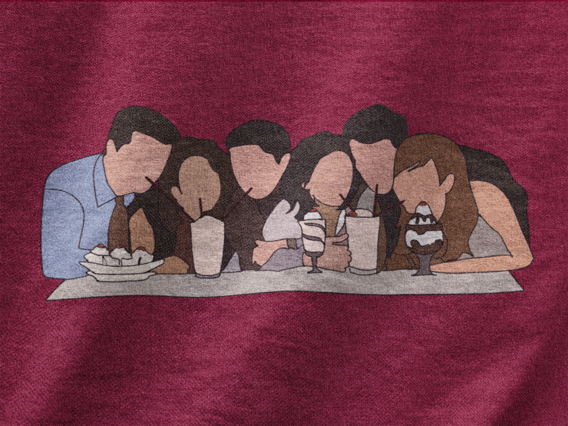 Close up view of a maroon casual tee with Friends TV show inspired design featuring the central perk crew.