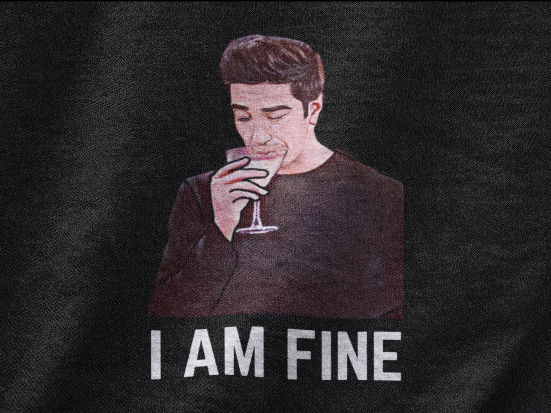 Front view of a black casual t-shirt with F.R.I.E.N.D.S series inspired designs, embodying Ross's famous catchphrase 'I Am Fine'