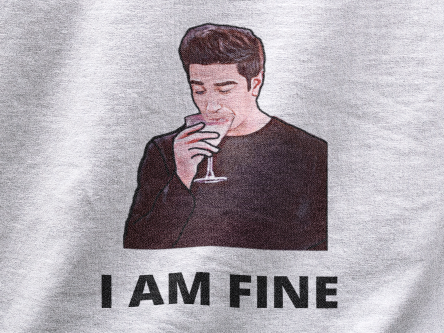 Front view of a white casual t-shirt with F.R.I.E.N.D.S series inspired designs, embodying Ross's famous catchphrase 'I Am Fine'