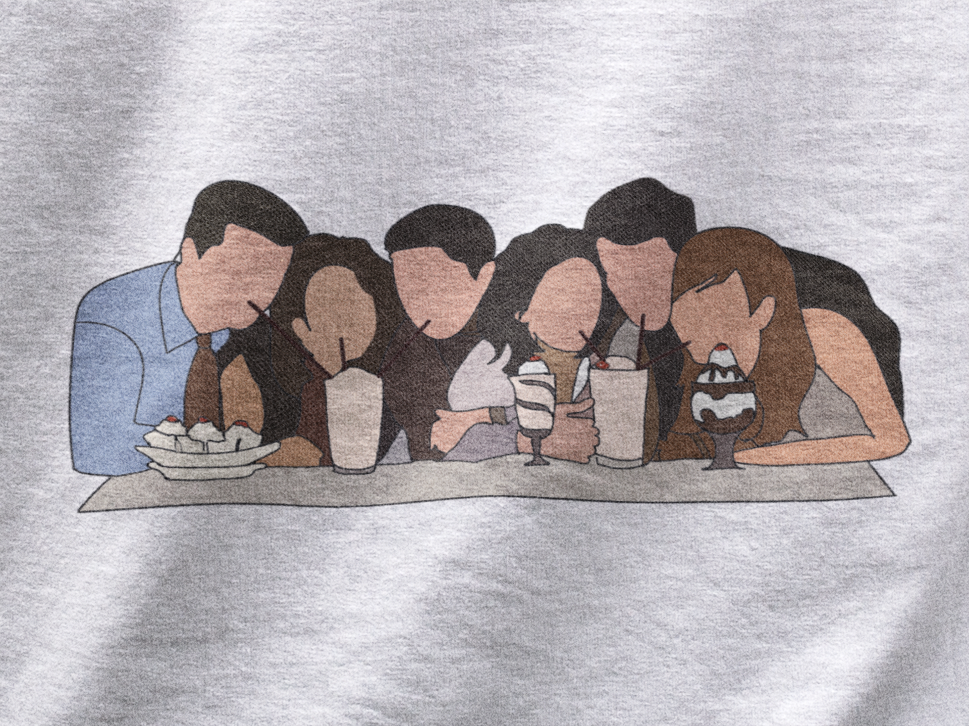 Close up view of a white casual tee with Friends TV show inspired design featuring the central perk crew.